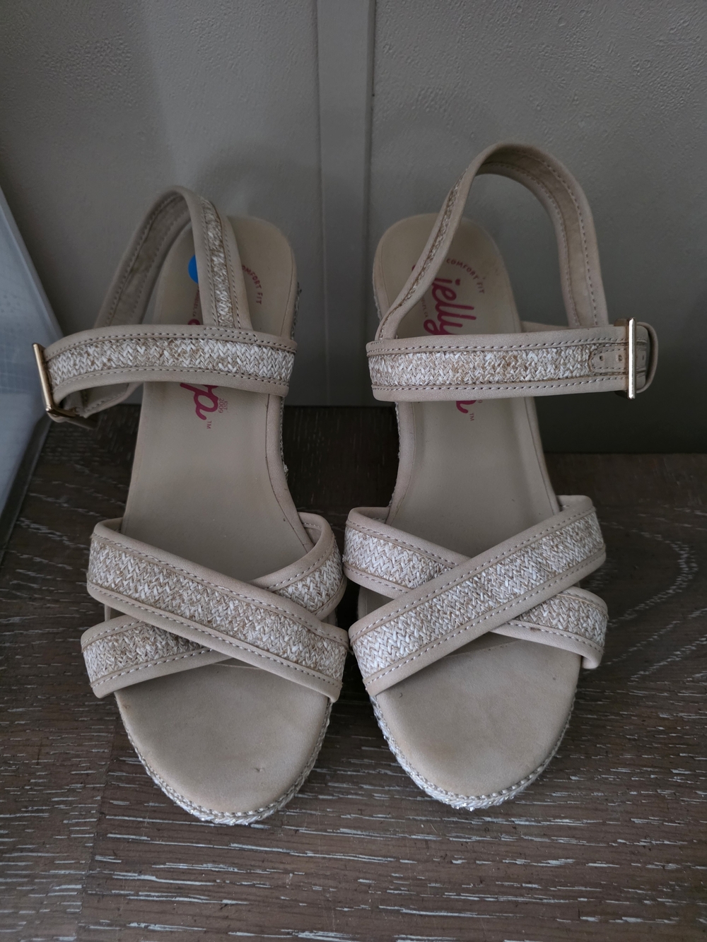Jellypop Neutral Beige Crisscross Wedge Sandals